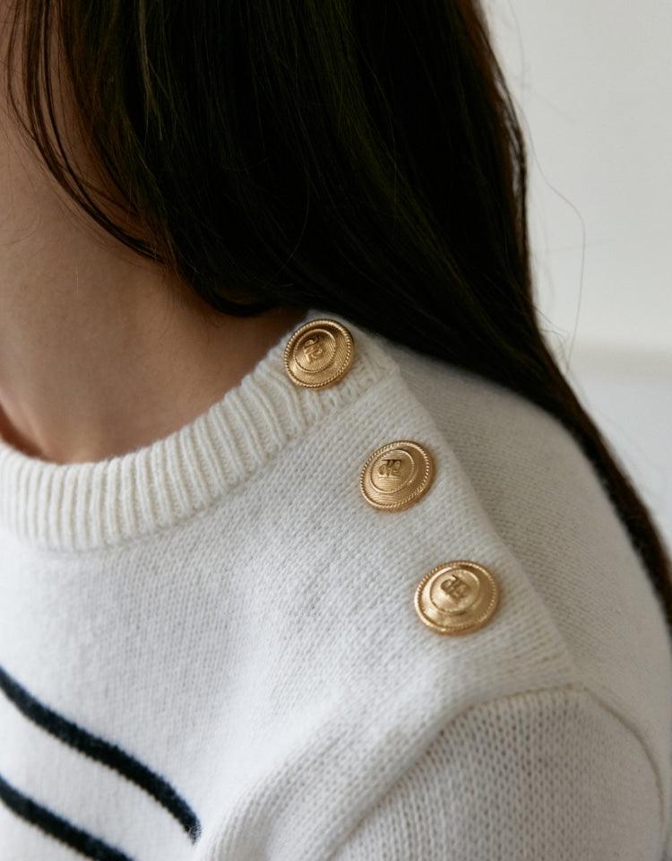 [李賢怡同款] Depound - Gold Button Stripe Knit - Ivory / Black Stripe 針織毛衣 - SOUL SIMPLE HK