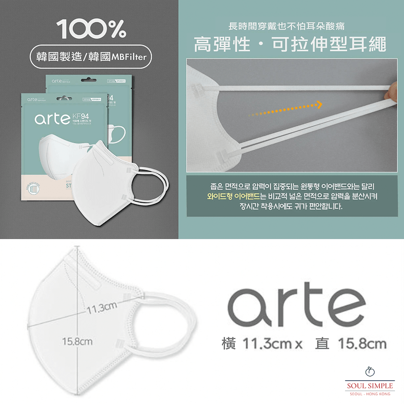 韓國直送 - Arte KF94 3D Mask 立體成人四層口罩 (1包5個裝) [珊瑚粉/奶茶色/深灰色] - SOUL SIMPLE HK